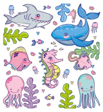 Deniz hayvanlar çizgi film koleksiyonu vektör çizim grafik tasarım