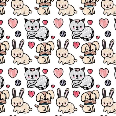 köpek ve kedi tavşan hayvanlar arka plan vektör çizim ile doodle