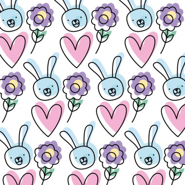 taşınan renkli tavşan kafası arka plan vektör çizim çiçek ve kalp ile