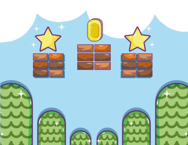 Retro video oyunu sahne karikatür kavramı vektör çizim grafik tasarım