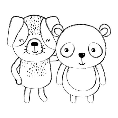 Grunge sevimli köpek ve panda arkadaş hayvan illüstrasyon vektör