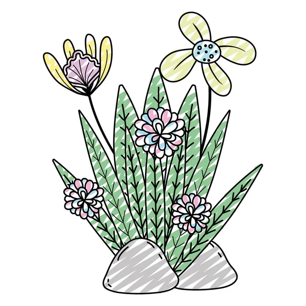 Doodle Folhas Plantas Com Flores Exóticas Vetor Pedras Ilustração — Vetor de Stock