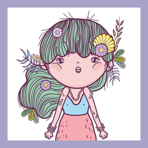 Menina Defensora Criaturas Com Flores Folhas Vetor Ilustração —  Vetores de Stock