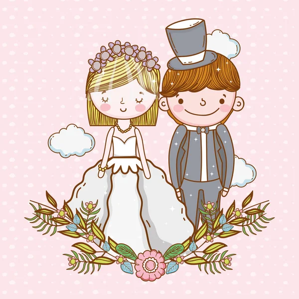 Frau Und Mann Hochzeit Mit Wolken Und Pflanzen Hinterlässt Vektorillustration — Stockvektor