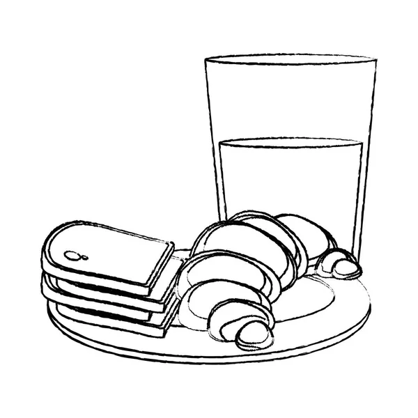 Grunge Bröd Med Mjölk Glas Mellanmål Plattan Vektorillustration — Stock vektor