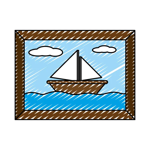 Doodle Segelboot Meer Bild Mit Rahmen Design Vektor Illustration — Stockvektor