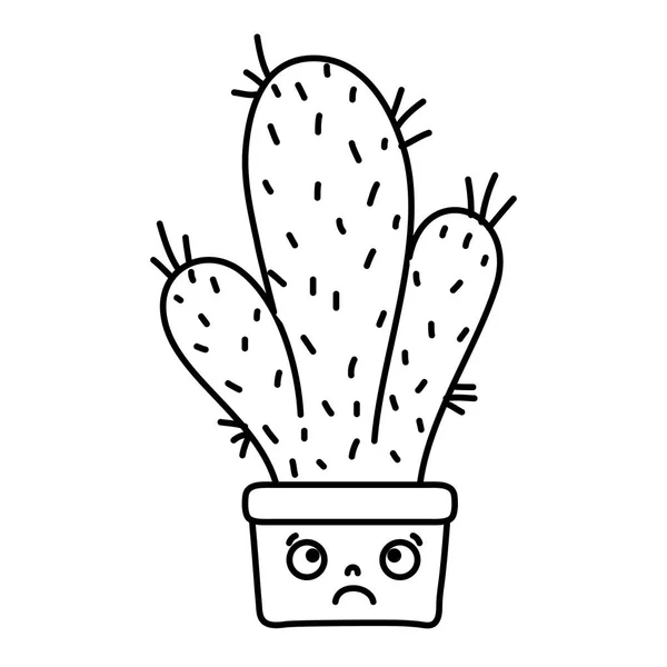 Línea Kawaii Triste Planta Cactus Dentro Maceta Vector Ilustración — Vector de stock