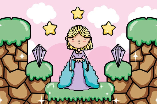 プリンセス漫画ベクトル イラスト グラフィック デザインとドット絵ゲーム ファンタジー風景 — ストックベクタ