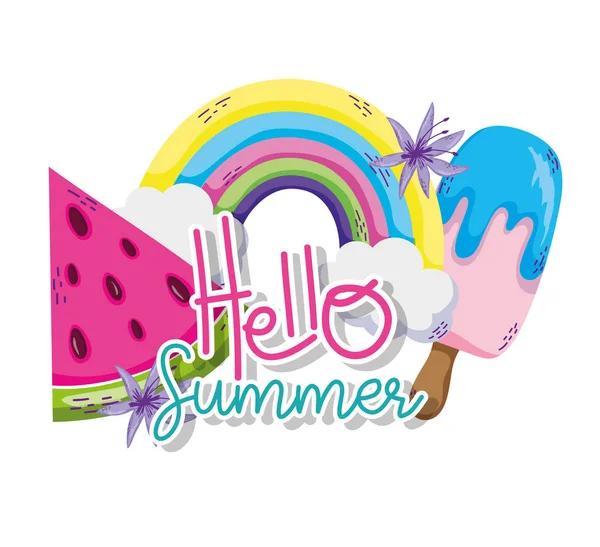 Hello summer watermelon and popsicle with rainbow cartoons vector illustration graphic design