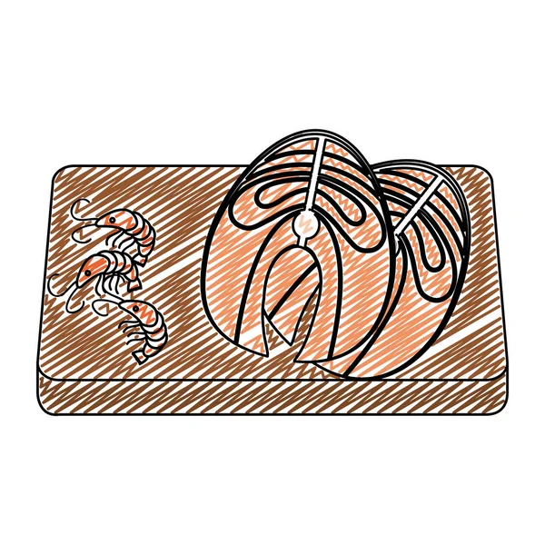 Doodle Fillet Fish Lobster Wood Cutting Board Vector Illustration — Stock Vector