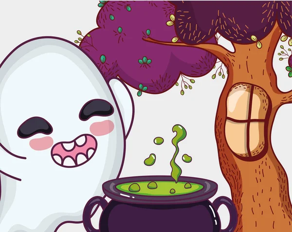 Ładny Ghost Puli Zupa Halloween Kreskówka Wektor Ilustracja Projekt Graficzny — Wektor stockowy