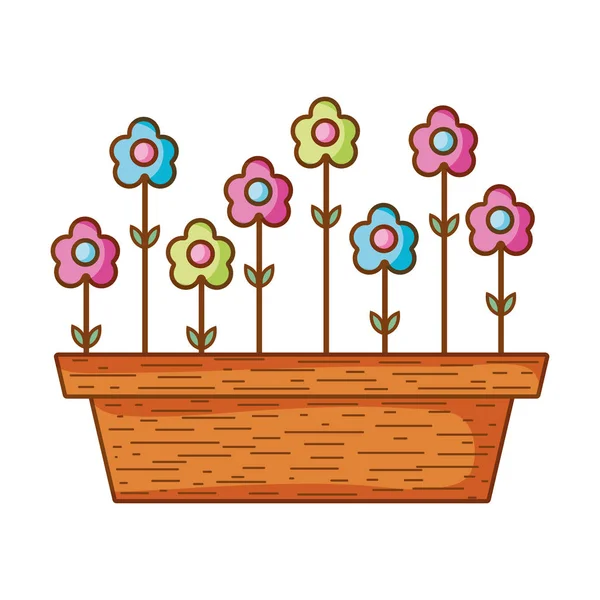 Květ Listy Květy Uvnitř Dřevo Plantpot Vektorové Ilustrace — Stockový vektor