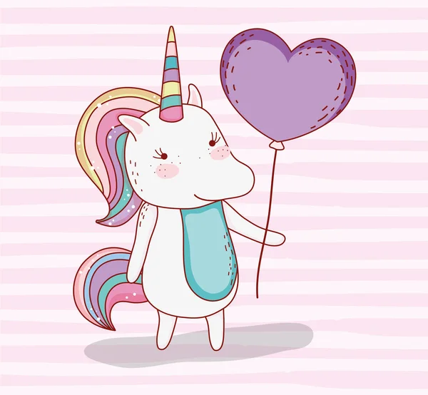 beauty unicorn animal with heart balloon vector illustration