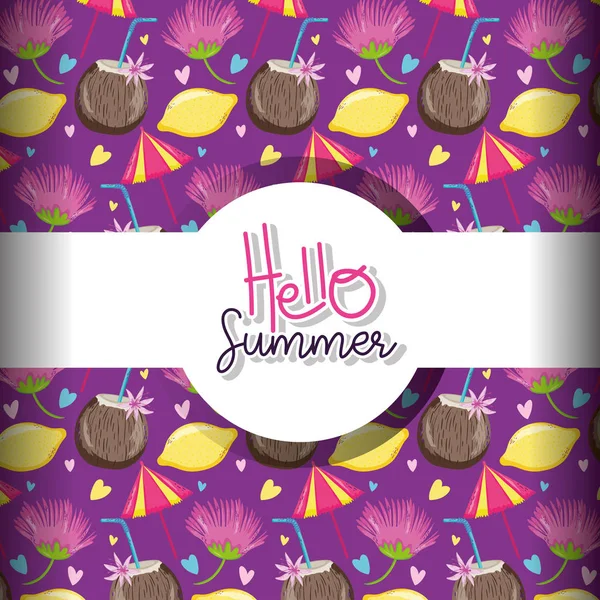 Hello summer background with fruits and cocktails vector illustration graphic design