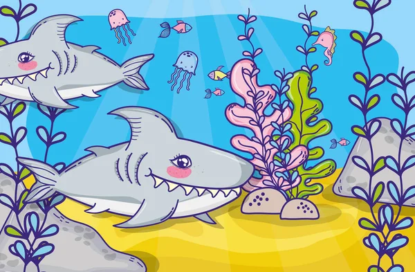 Tiburones Pareja Animales Submarinos Con Algas Marinas Dibujos Animados Vector — Archivo Imágenes Vectoriales