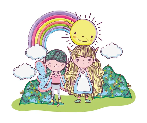 Ragazzo Fata Con Ragazza Creatura Con Sole Arcobaleno — Vettoriale Stock