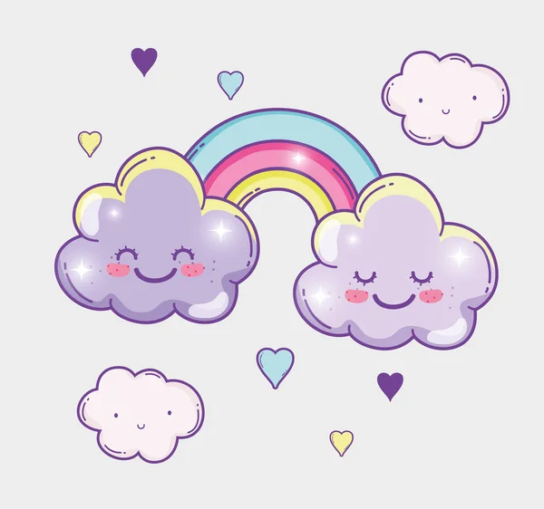 Kawaii Nuvens Fofas Com Arco Íris Corações Ilustração Vetorial — Vetor de Stock