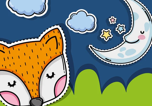 月と雲自然漫画ベクトル イラスト グラフィック デザインで可愛くて素敵な狐 — ストックベクタ