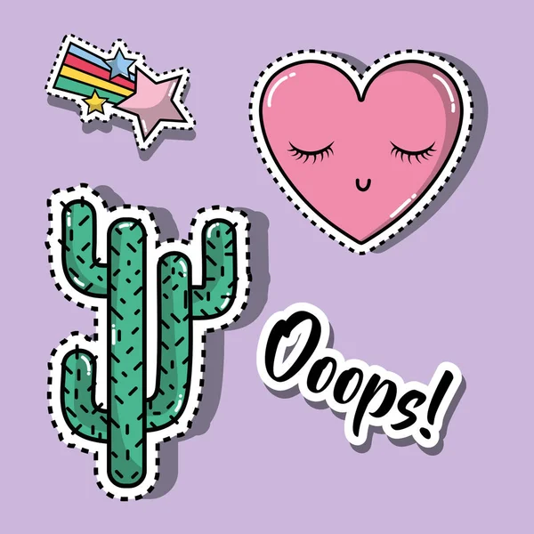 Cactus Met Hart Ster Mode Patches Ontwerp Vectorillustratie — Stockvector