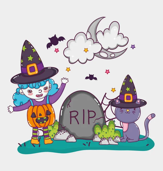 Halloween Häxa Och Katt Tombstone Söta Teckningar Vektor Illustration Grafisk — Stock vektor