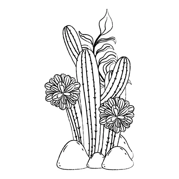 Grunge Woestijn Cactus Plant Met Bloemen Stenen Vectorillustratie — Stockvector