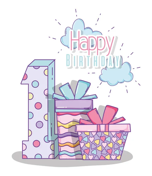 happy birthday celebrate one year with presents vector illustration