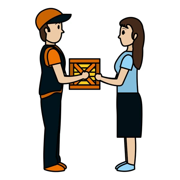 彩色男子提供包服务的女人向量插图 — 图库矢量图片