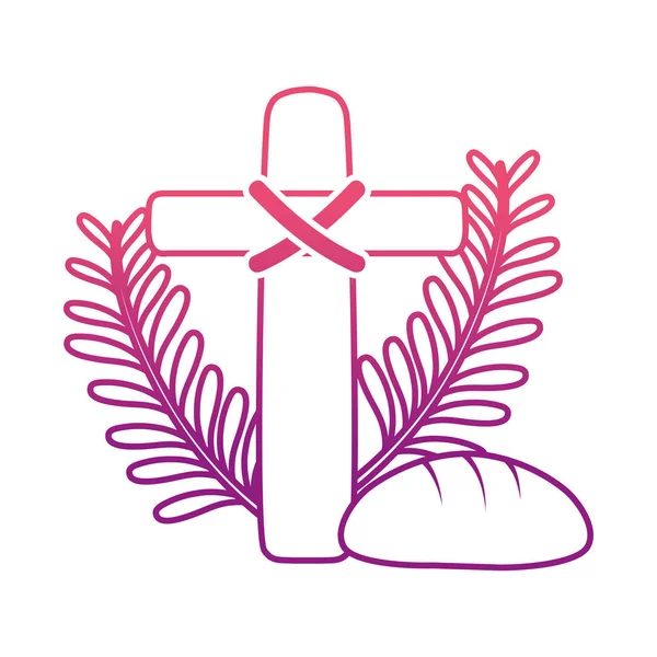 degraded line cross catholic religion with palms and bread vector illustration
