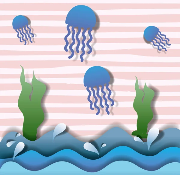 Kertas Seni Ubur Ubur Bawah Laut Dan Rumput Laut Kartun - Stok Vektor