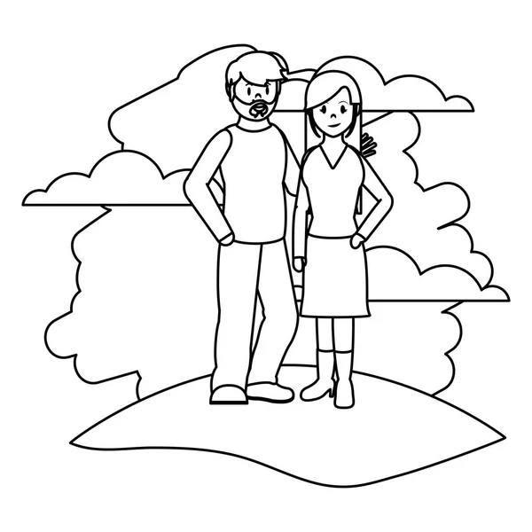 Línea Pareja Mujer Hombre Con Ropa Paisaje Vector Ilustración — Archivo Imágenes Vectoriales