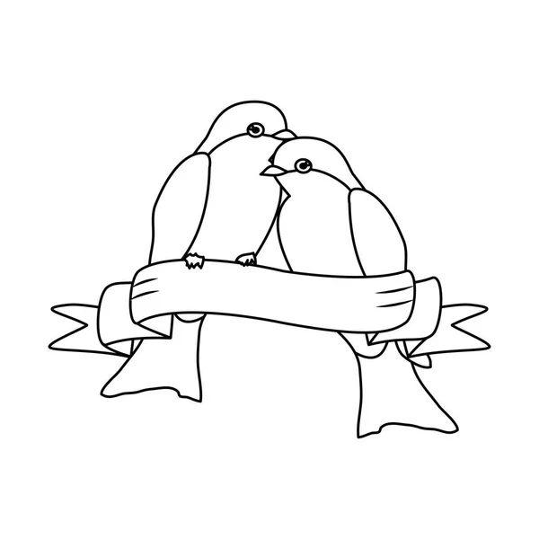 Линия Пара Птиц Животное Лентой Украшения Вектор Иллюстрации — стоковый вектор
