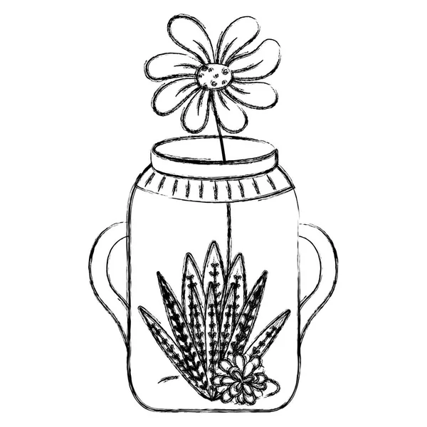 Grunge Flower Plant Leaves Mason Jar Vector Illustration — Stock Vector
