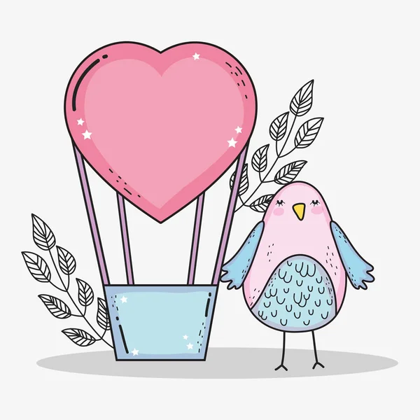 Globo Aire Del Corazón Con Hojas Pájaro San Valentín Vector — Archivo Imágenes Vectoriales