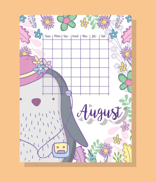 Agosto Calendario Información Con Pingüino Plantas Vector Ilustración — Vector de stock