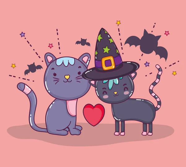 Netopýři Witch Hat Kreslené Vektorové Ilustrace Grafický Design Halloween Kočky — Stockový vektor
