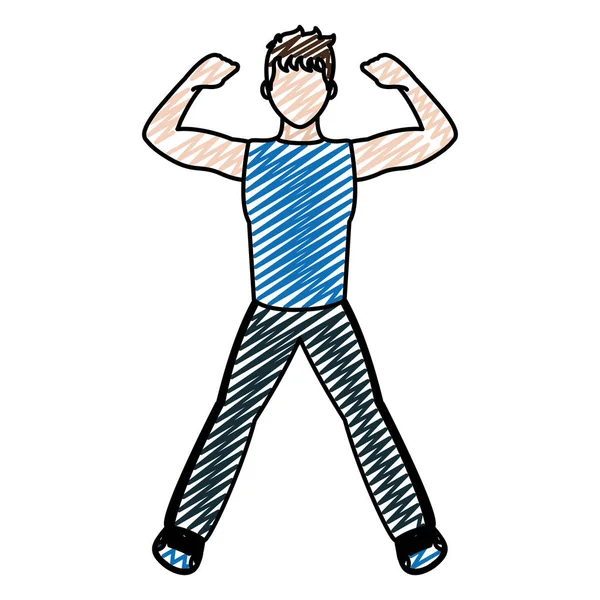 Doodle Fitness Man Doing Exercise Training Vector Illustration — Stock Vector