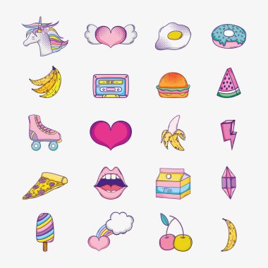 Pop sanat kümesini simgeler vektör çizim grafik tasarım karikatürler