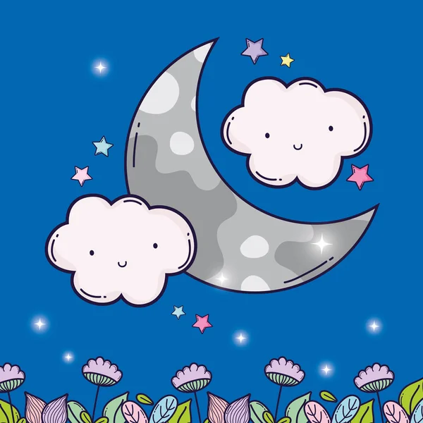 Kawaii Flauschige Wolken Mit Mond Und Blumen Vektorillustration — Stockvektor