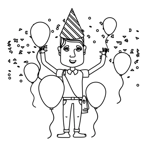 Line Man Celebrating Happy Birthday Balloons Hat Vector Illustration — Stock Vector