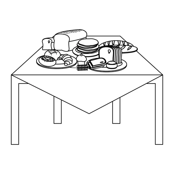 Zeile Schmackhaftes Und Frisches Brot Lebensmittel Der Tabelle Vektor Illustration — Stockvektor