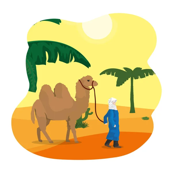 Человек Верблюдом Ходьба Пустыне Векторные Иллюстрации Ландшафта — стоковый вектор