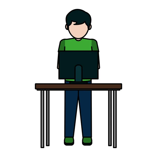 Färg Pojke Med Elektroniska Dator Trä Skrivbord Vektorillustration — Stock vektor