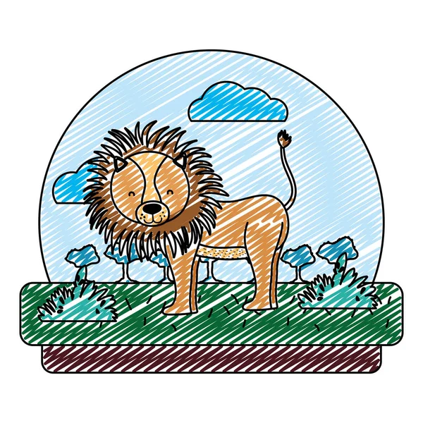Gribouiller Adorable Lion Animal Sauvage Dans Paysage Illustration Vectorielle — Image vectorielle