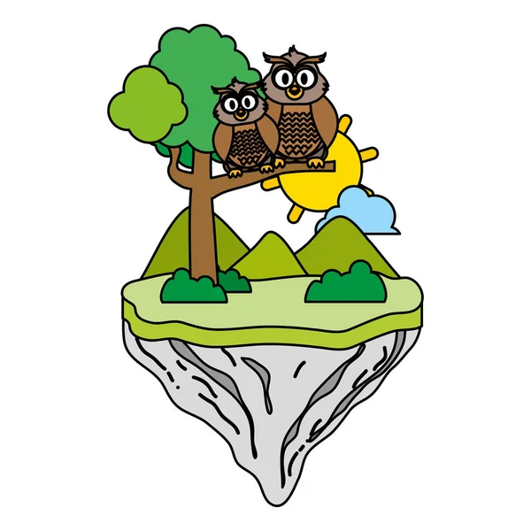 Barva Páru Sova Zvíře Plovoucí Ostrov Vektorové Ilustrace — Stockový vektor