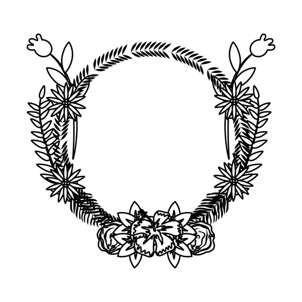 Ligne Cercle Branches Tropicales Avec Des Fleurs Des Feuilles Illustration — Image vectorielle