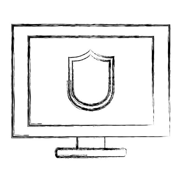 Grunge Elektroniska Dator Med Digital Shield Security Vektorillustration — Stock vektor