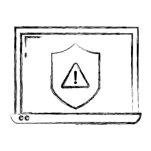 Escudo Grunge Signo Precaución Dentro Tecnología Portátil Vector Ilustración — Archivo Imágenes Vectoriales