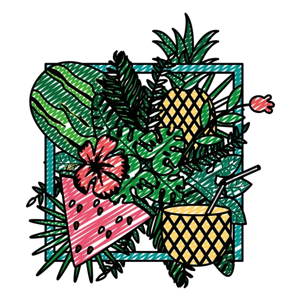 Doodle Emblem Tropical Watermelon Pineapple Fruits Vector Illustration — Stock Vector