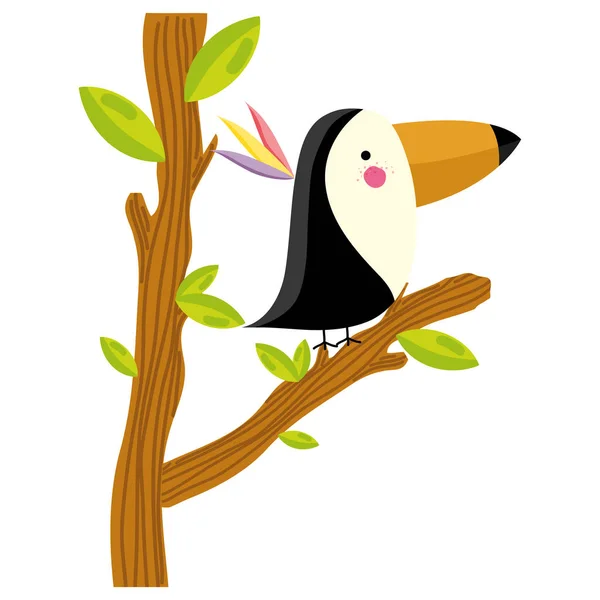 Hewan Toucan Menggemaskan Cabang Pohon Daun Vektor Ilustrasi - Stok Vektor