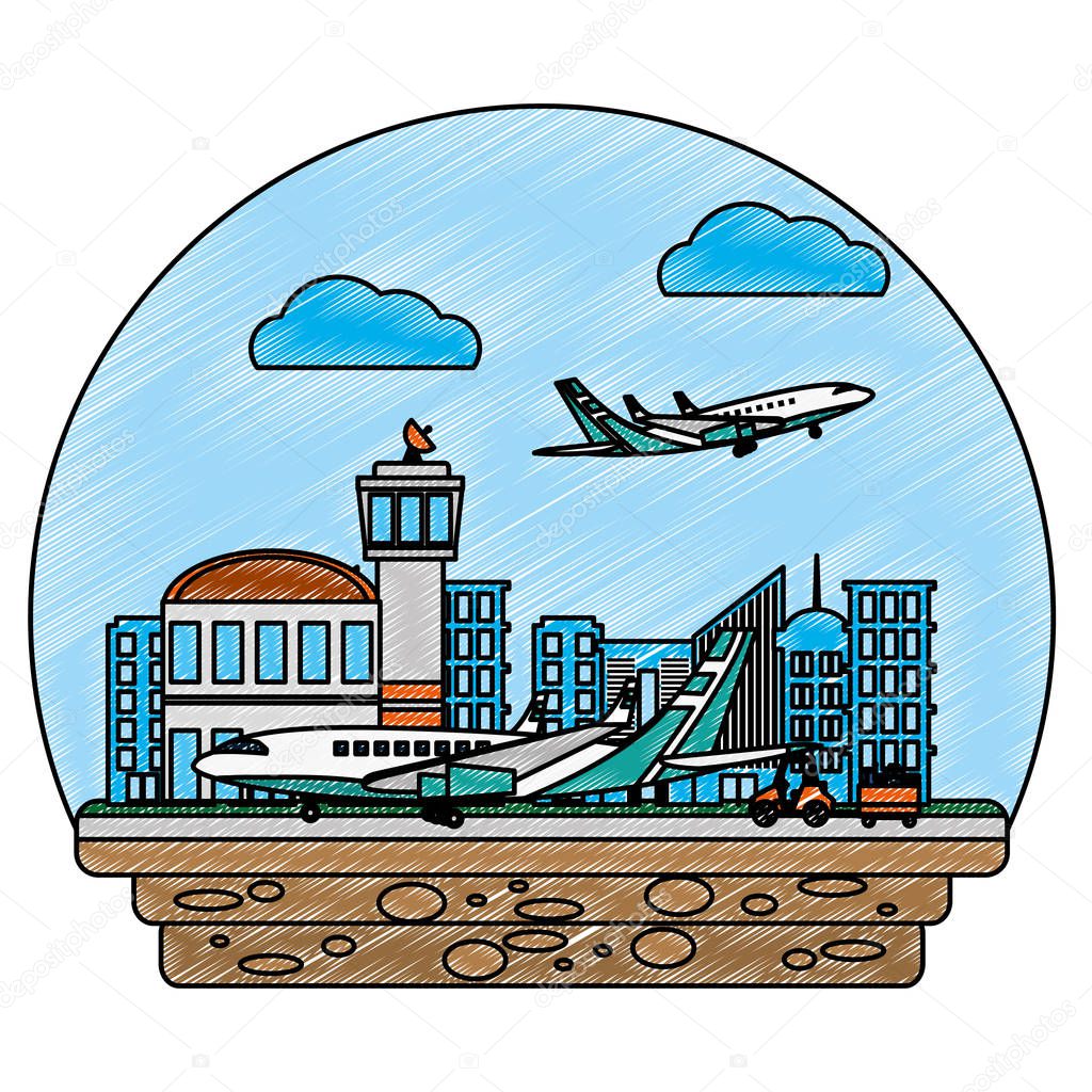 doodle airport place with airplanes and vehicle luggages vector illustration